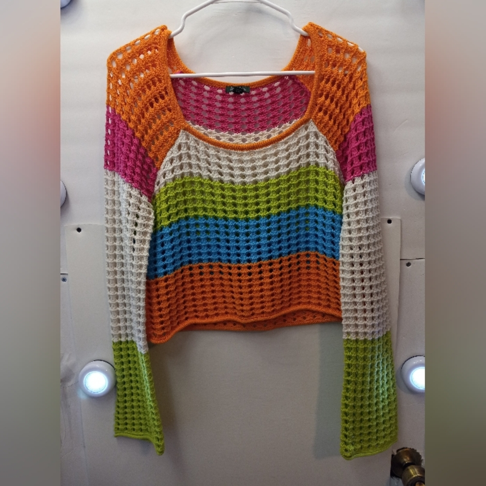 Wild Fable Crotchet Knit Cropped Boho Cottagecore Sweater Hippie Multicolor XXS